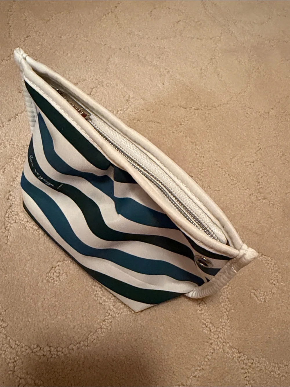 Agnes B. White Canvas Cosmetic Pouch with Blue and Green Stripes